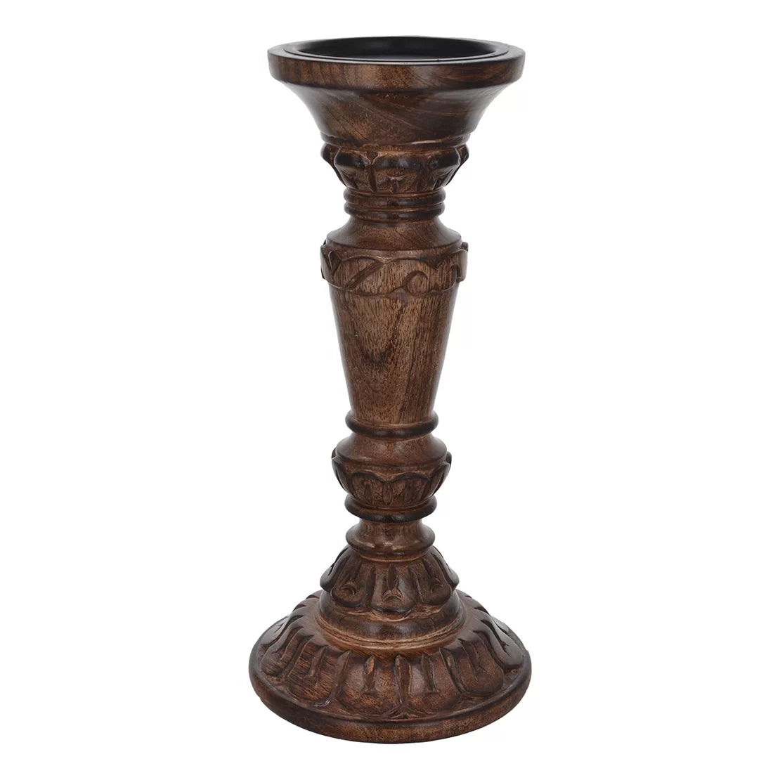 Wooden Candle Holder | Hand-Carved Acanthus Leaf | Walnut Finish | House of Swadeshi
