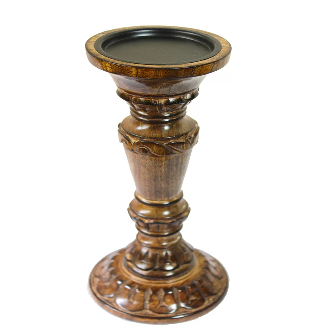 Wooden candle holder stand hand-carved acanthus leaf walnut finish natural wood handcrafted India