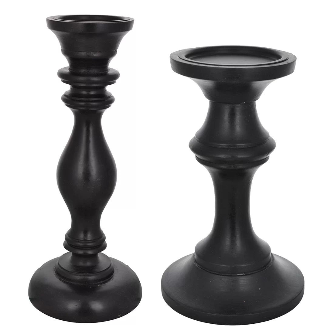 Black wooden candle holder set of 2 turned baluster pedestal matte black boho rustic handcrafted India