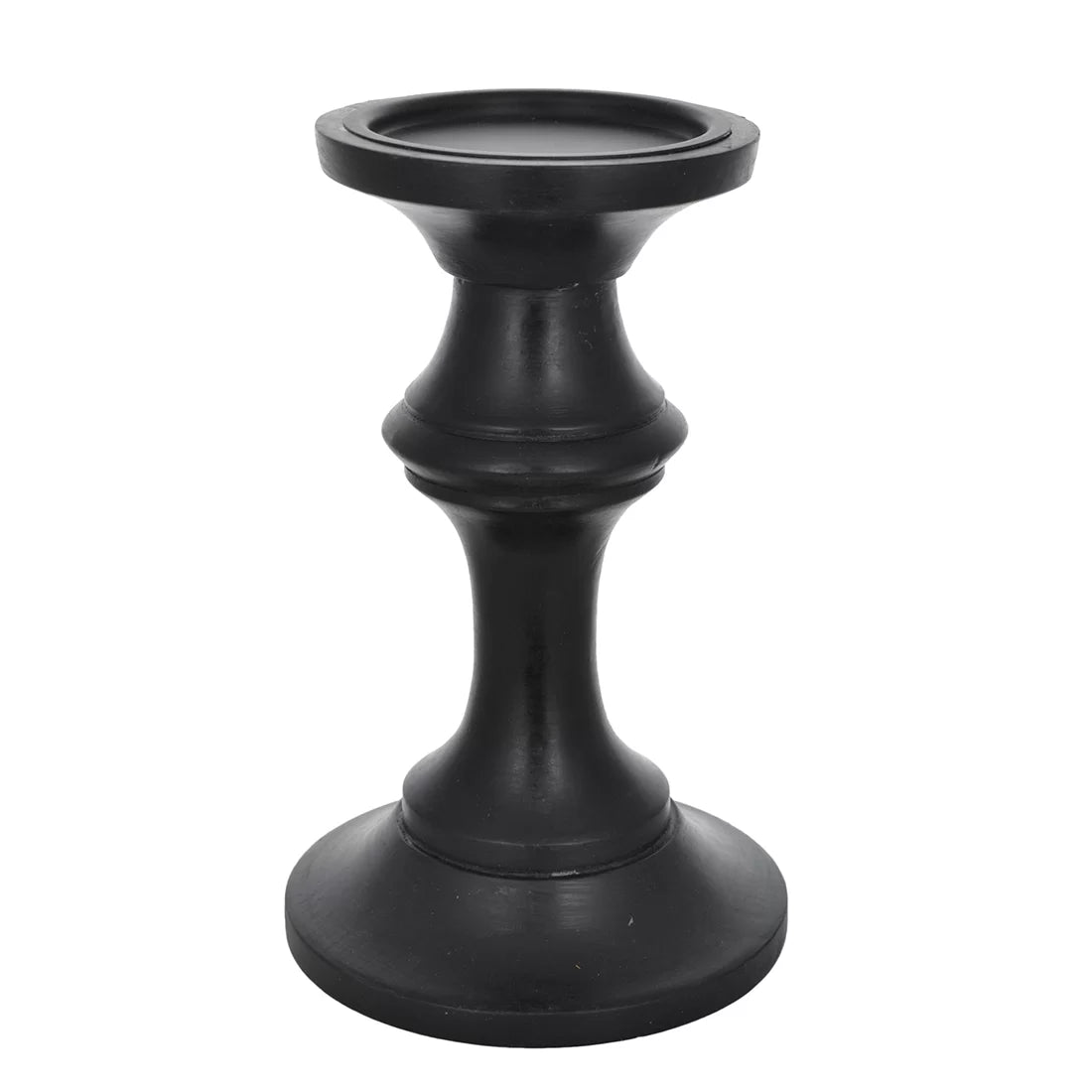 Buy black wooden candle holder set of 2. Turned baluster and pedestal forms in matte black. Heights 14.75 and 8.5 inches. Made by Indian artisans.