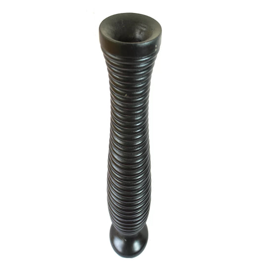 Long black wooden flower vase coil ring turned boho rustic handcrafted India 15.5 inches