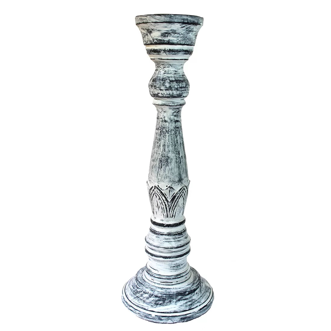 Buy handcrafted wooden antique candle stand in distressed white wash. Carved tulip motif. Height 14.75 inches. Shabby chic vintage home decor. Made in India.