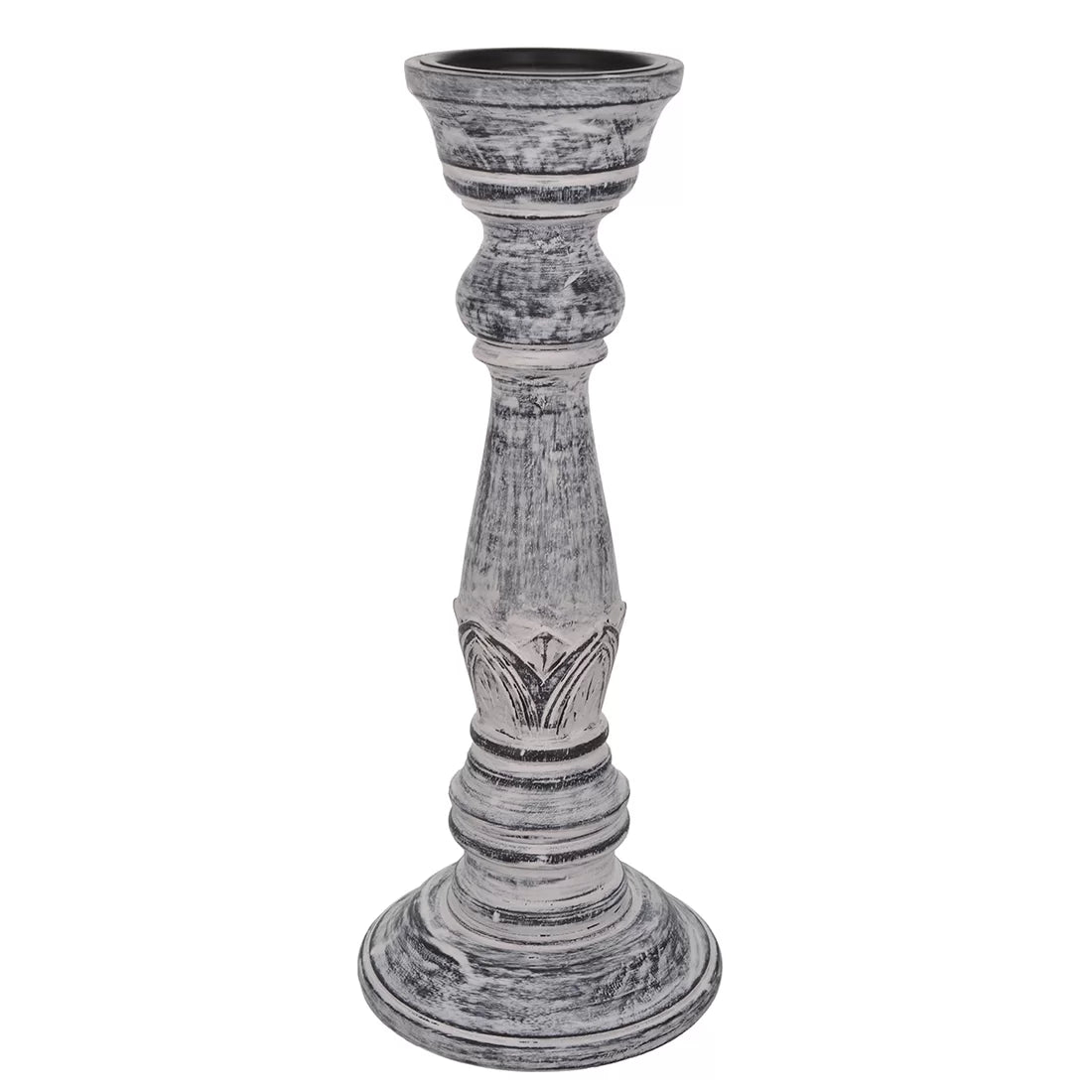 Wooden antique candle stand distressed white wash carved tulip lotus motif shabby chic handcrafted India