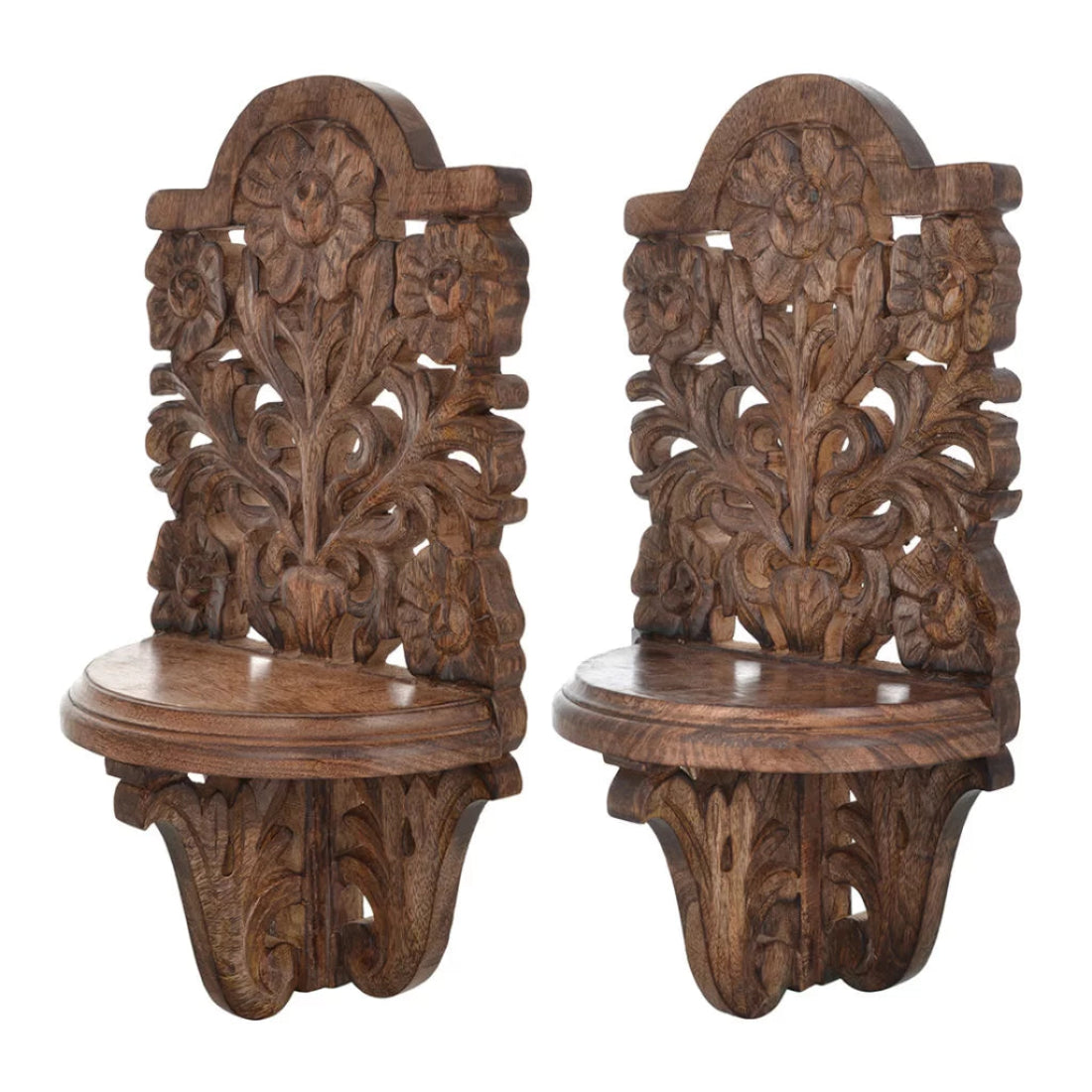 Buy handcrafted wooden wall bracket set of 2 with intricate jali floral carving. Height 17.5 inches. Natural wood. Made by Indian artisans. Decorative wall shelf.