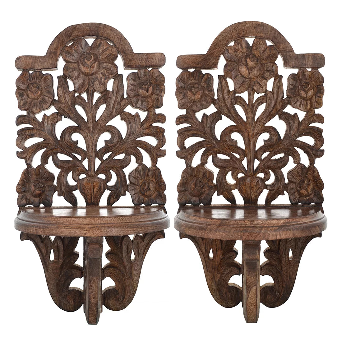 Wooden wall bracket set of 2 jali floral carving roses vines natural wood handcrafted India