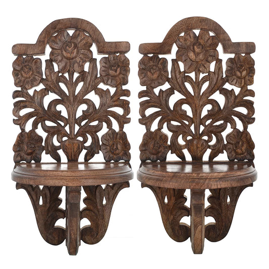 Wooden wall bracket set of 2 jali floral carving roses vines natural wood handcrafted India