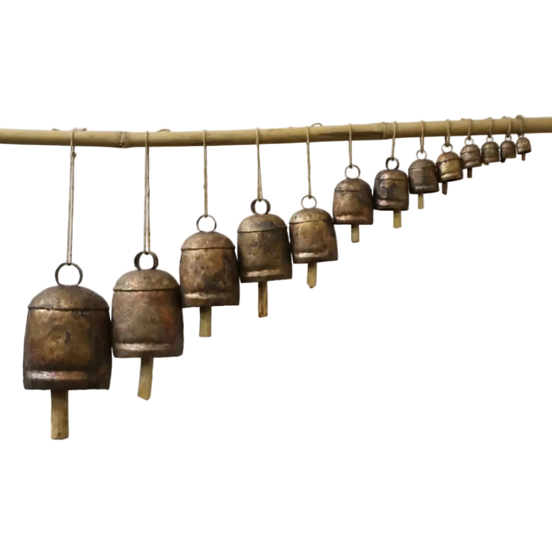 Buy antique metal cow bells set of 13 in recycled copper and iron. Sizes 1 to 13 inches. 4kg. Handcrafted by Indian artisans. Unique boho rustic home decor.