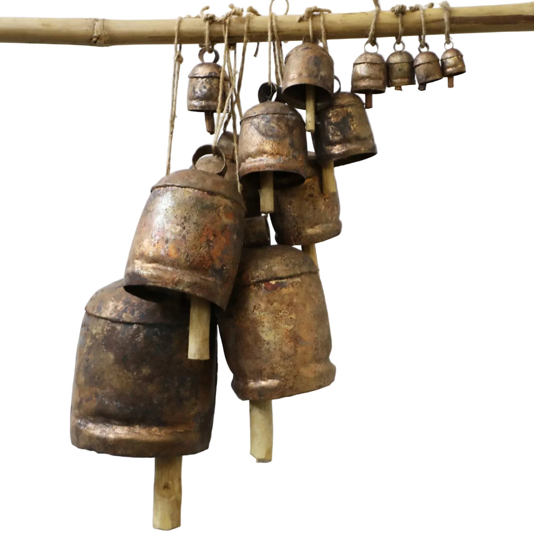 Antique metal cow bells set of 13 recycled copper iron graduated sizes handcrafted India boho rustic wall decor