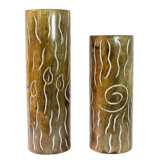 Wooden Candle Stand Set of 2 | Leaf & Vine Inlay | Handcrafted India | House of Swadeshi