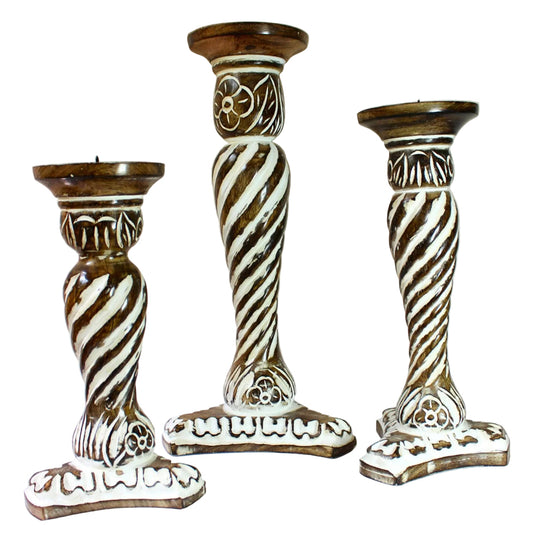 Wooden candle holder set of 3 spiral stripe floral white inlay natural wood handcrafted India