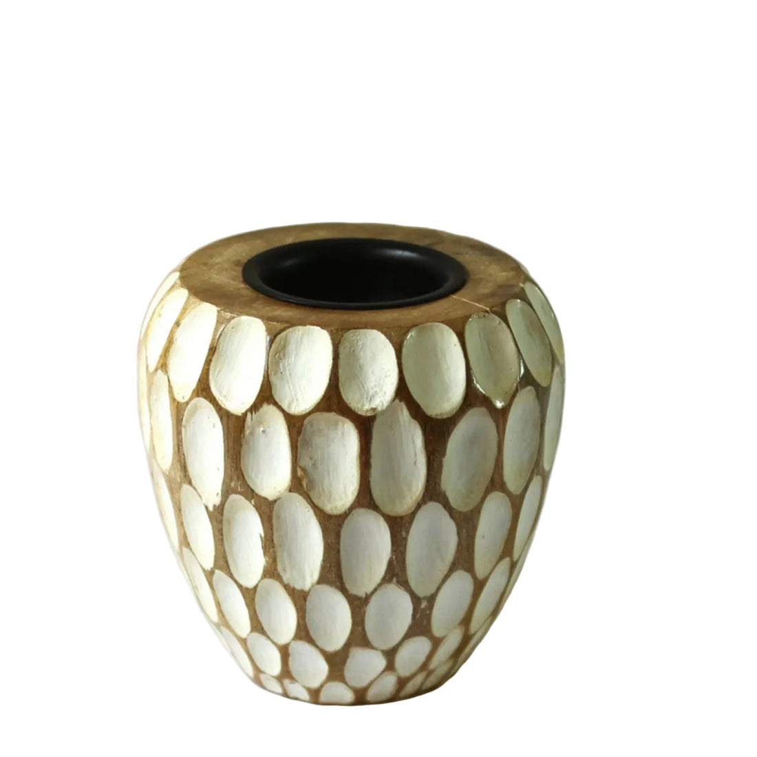 Rustic tea light holder oval pebble white inlay natural wood handcrafted India