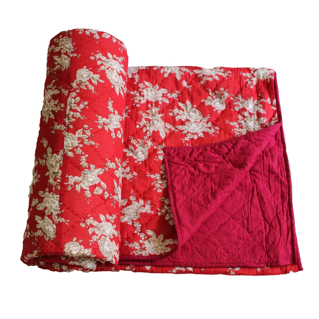 Red & White Floral Kantha Quilt – Handcrafted in India | 96" x 98"