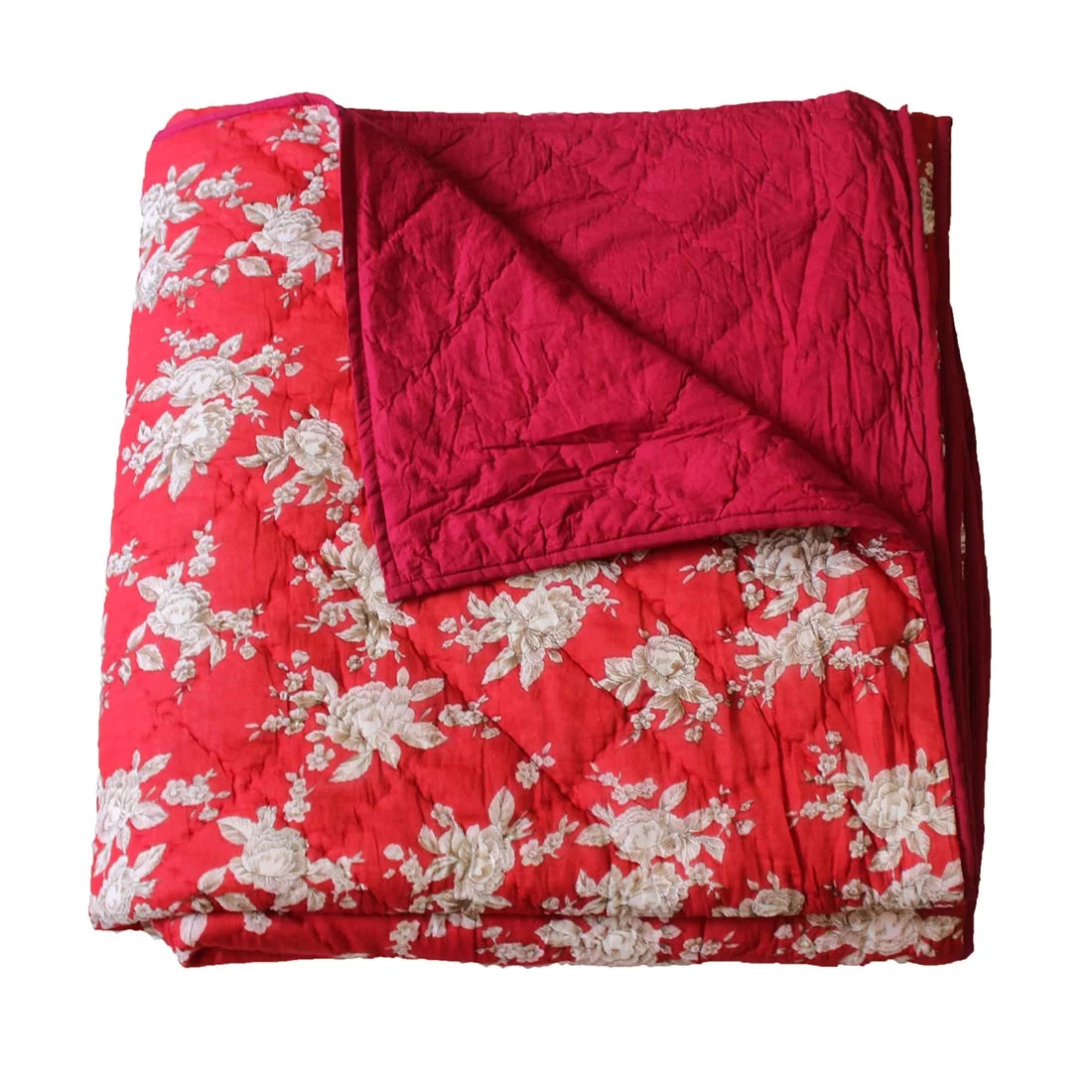 Red & White Floral Kantha Quilt – Handcrafted in India | 96" x 98"