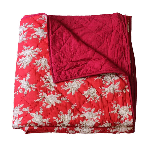 Red & White Floral Kantha Quilt – Handcrafted in India | 96" x 98"