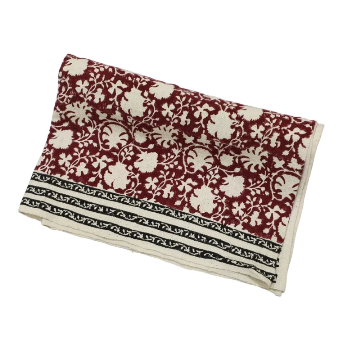 Crafted with care and character, this Handloom Cotton Throw Blanket is handwoven from 100% hand-spun cotton yarn — a process that imparts a natural softness that only gets better with time. A beautiful block-printed floral design adorns the surface, while a subtle woven border on both sides adds a refined finishing touch. Fabric: 100% Handwoven Cotton (hand-spun yarn) Size: 46 x 78 inches (117 x 198 cm) Colour: Maroon and Black Print: Block print floral design Light, soft, and cosy all at once 