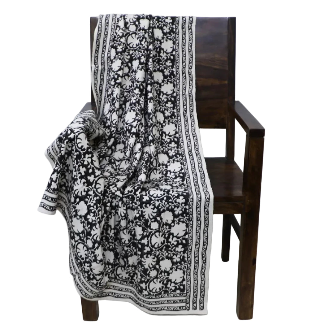 Handloom Cotton Throw Blanket — Block Print Floral, Natural & Black