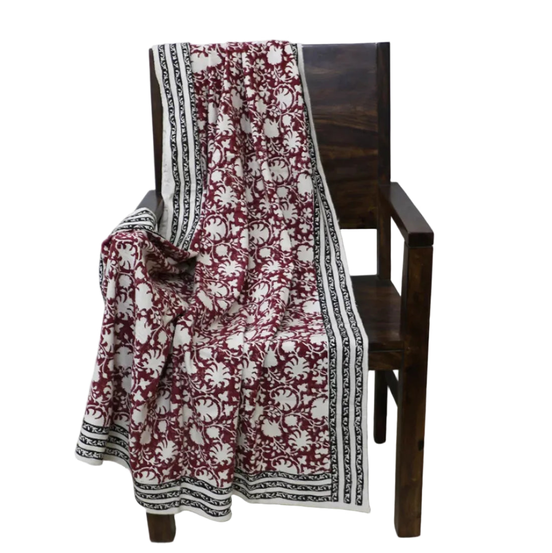 Handloom Cotton Throw Blanket — Block Print Floral, Maroon & Black