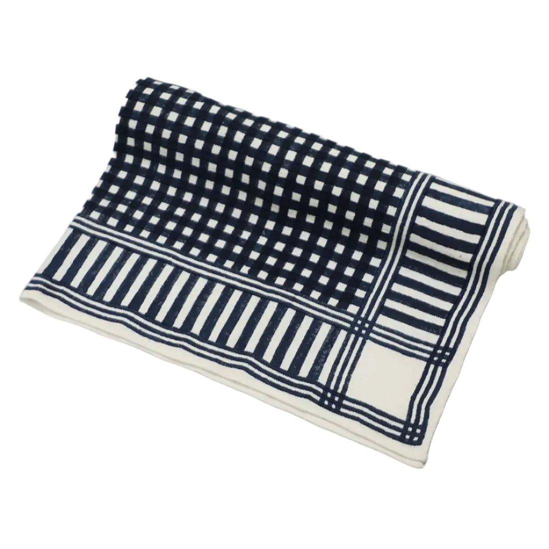Bold, beautiful, and handcrafted with soul, this Handloom Cotton Throw Blanket is woven from 100% hand-spun cotton yarn and adorned with a striking block-printed geometric design. A subtle stripe border running along all sides adds a clean, finished look that works effortlessly in any home setting. Fabric: 100% Handwoven Cotton (hand-spun yarn) Size: 46 x 78 inches (117 x 198 cm) Colour: Indigo Blue and White Print: Block print geometric design with stripe border Light, soft, and cosy all at once 