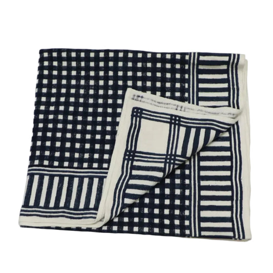 Handloom Cotton Throw Blanket — Block Print Geometric, Indigo Blue & White