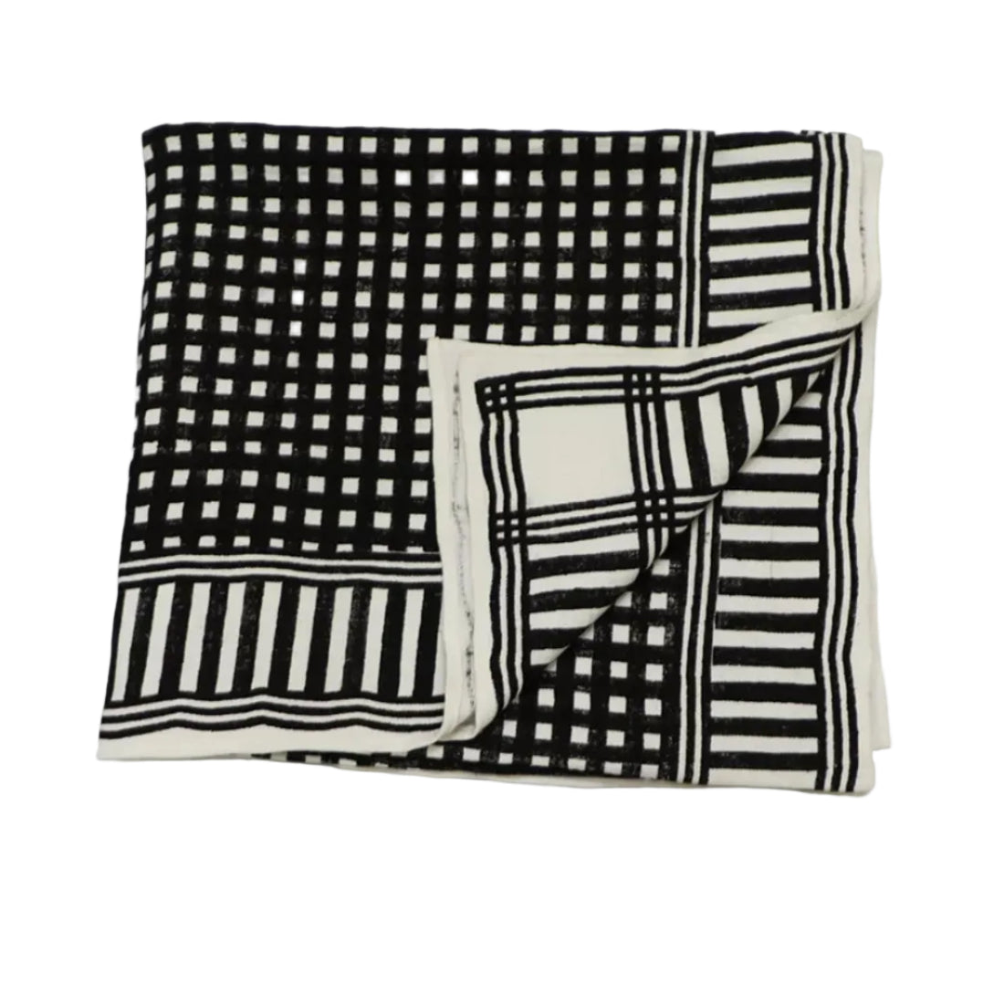 Handloom Cotton Throw Blanket — Block Print Geometric, Black & White