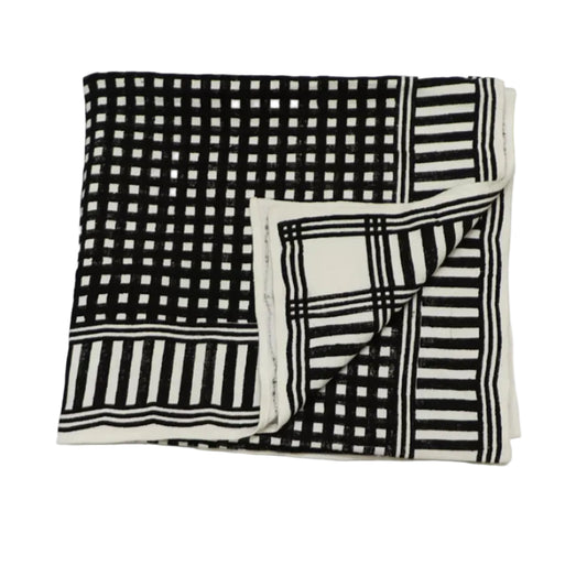 Handloom Cotton Throw Blanket — Block Print Geometric, Black & White