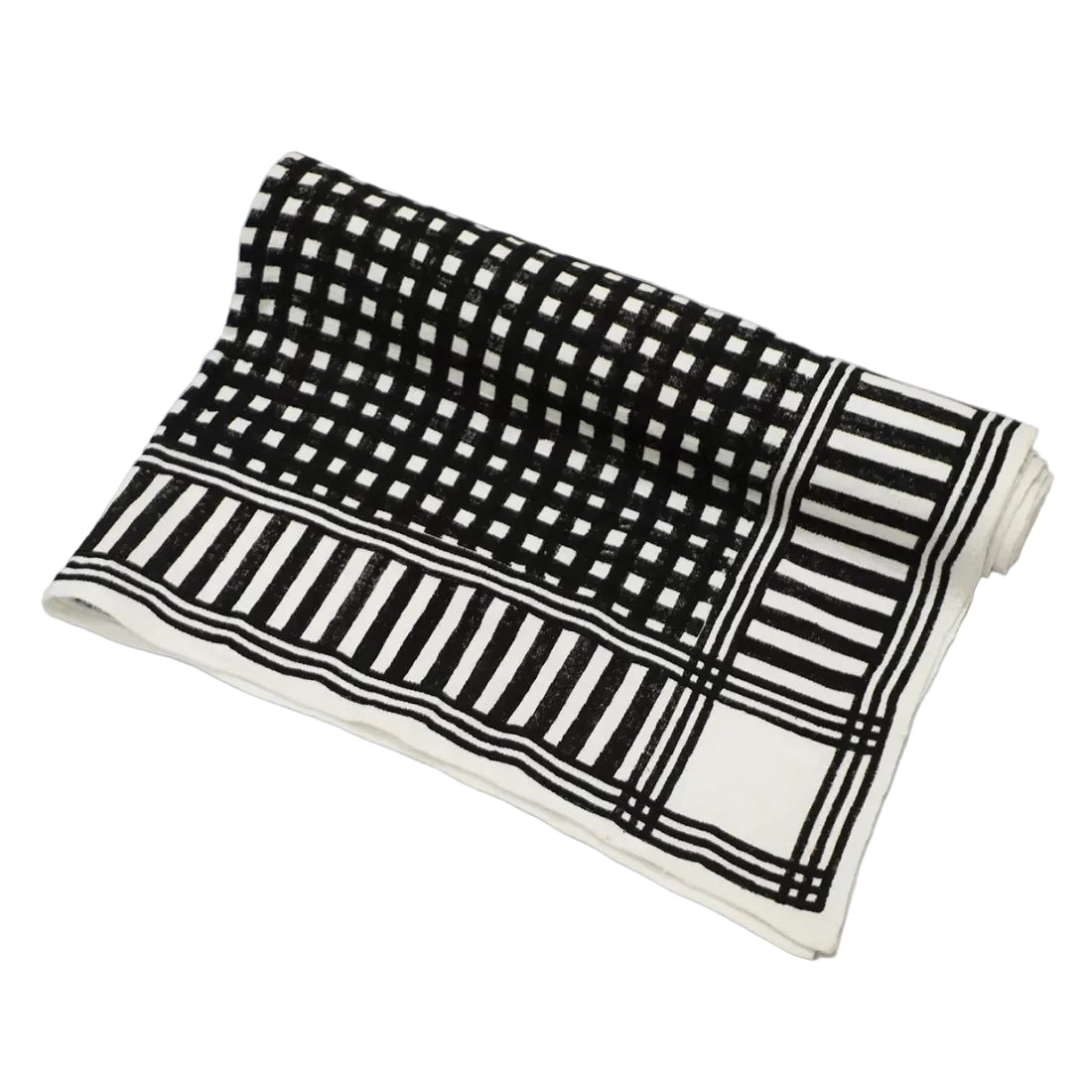 Timeless, versatile, and handcrafted with care, this Handloom Cotton Throw Blanket is woven from 100% hand-spun cotton yarn and features a crisp block-printed geometric design in classic Black and White. A subtle stripe border along all sides gives it a polished, contemporary finish that complements any interior style. Fabric: 100% Handwoven Cotton (hand-spun yarn) Size: 46 x 78 inches (117 x 198 cm) Colour: Black and White Print: Block print geometric design with stripe border Light, soft, and cosy 