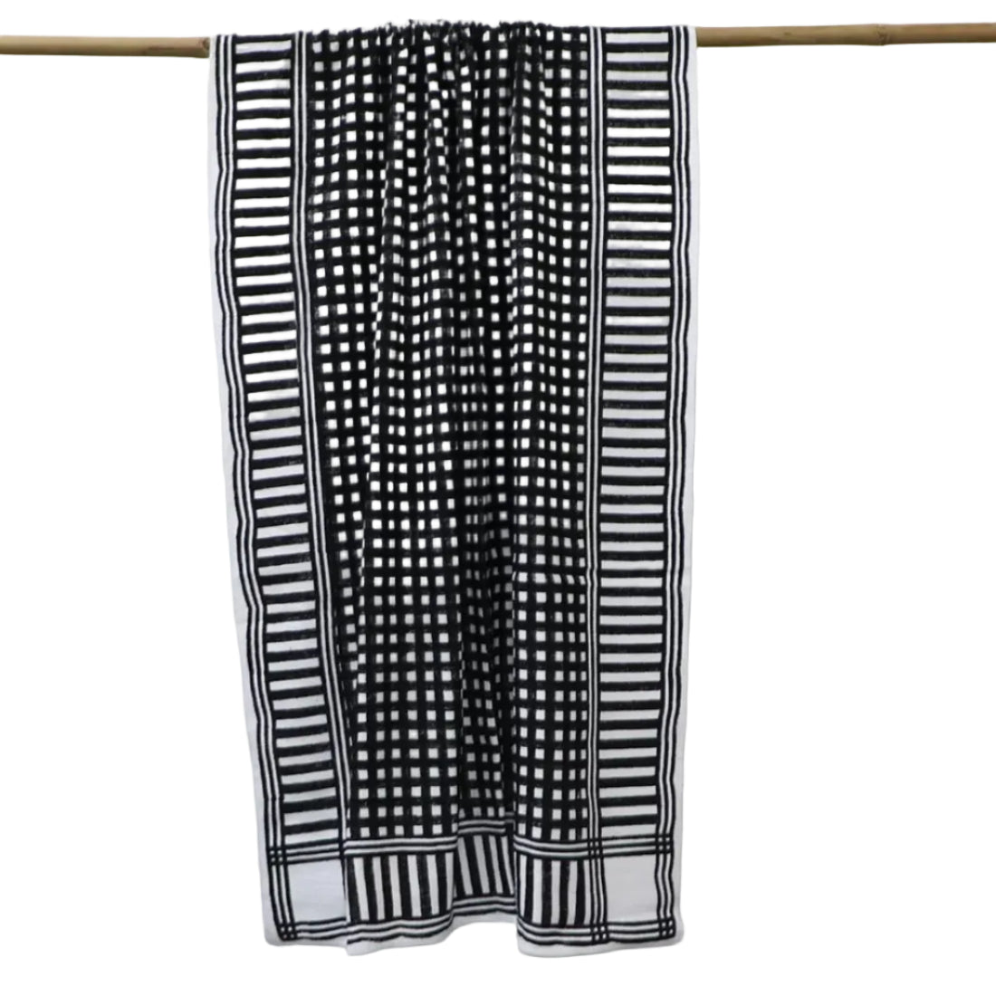 Handloom Cotton Throw Blanket — Block Print Geometric, Black & White