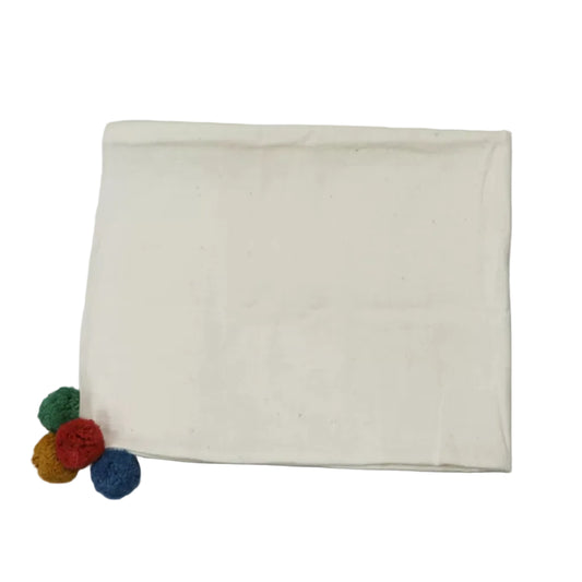 Handloom Cotton Throw Blanket — White with Multicolour Pom Pom Corners