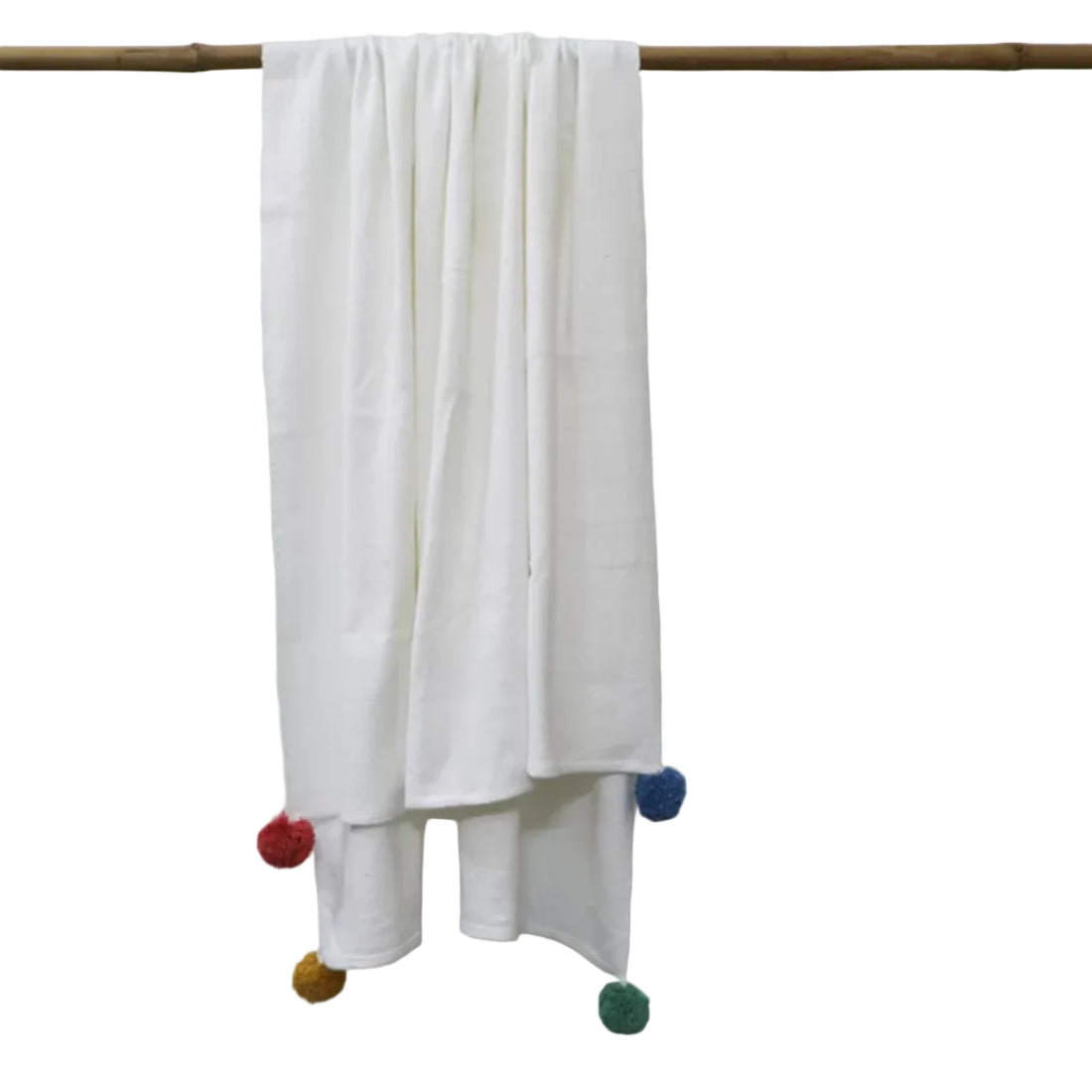 Handloom Cotton Throw Blanket — White with Multicolour Pom Pom Corners