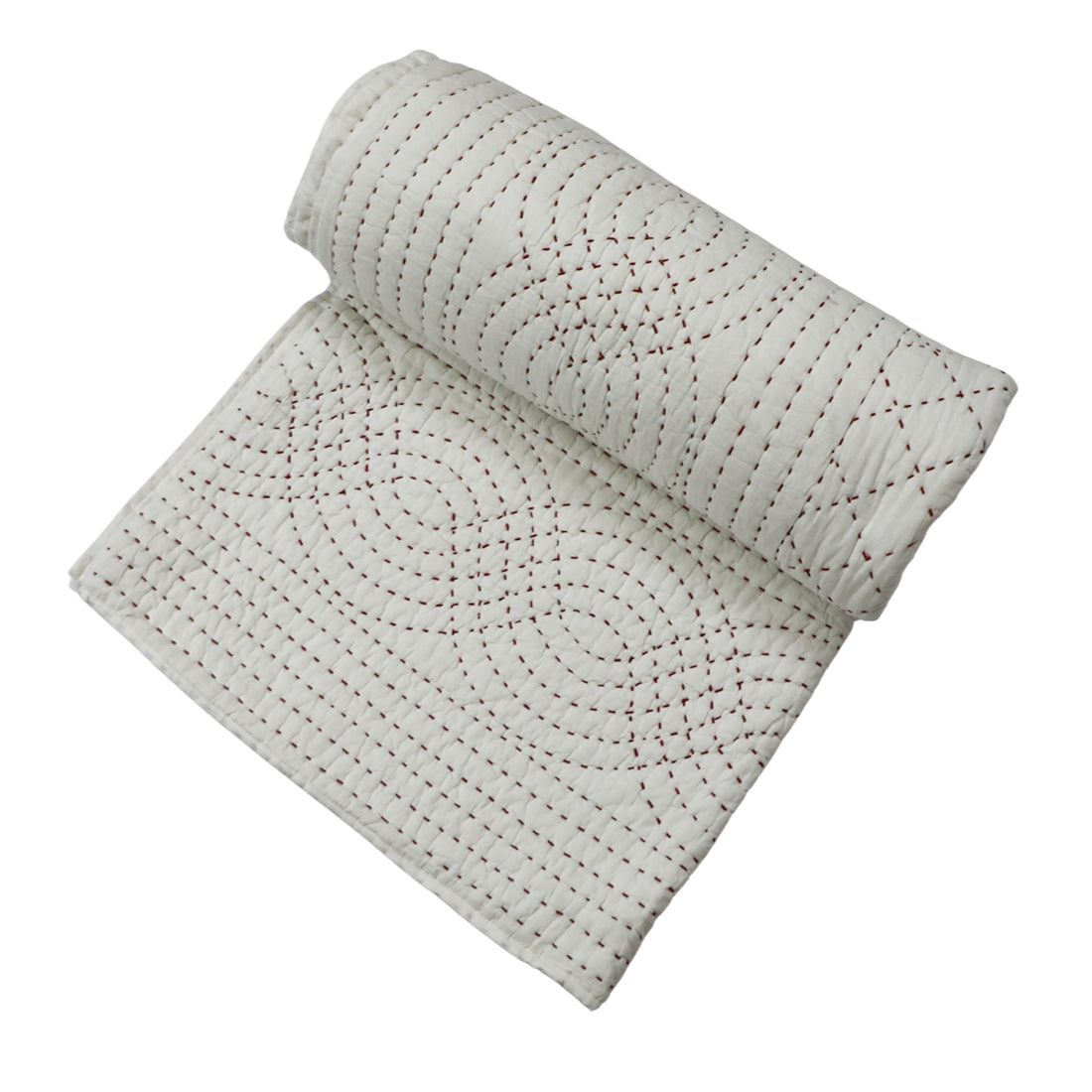 white kantha quilt with hand stitching for everyday bedding
