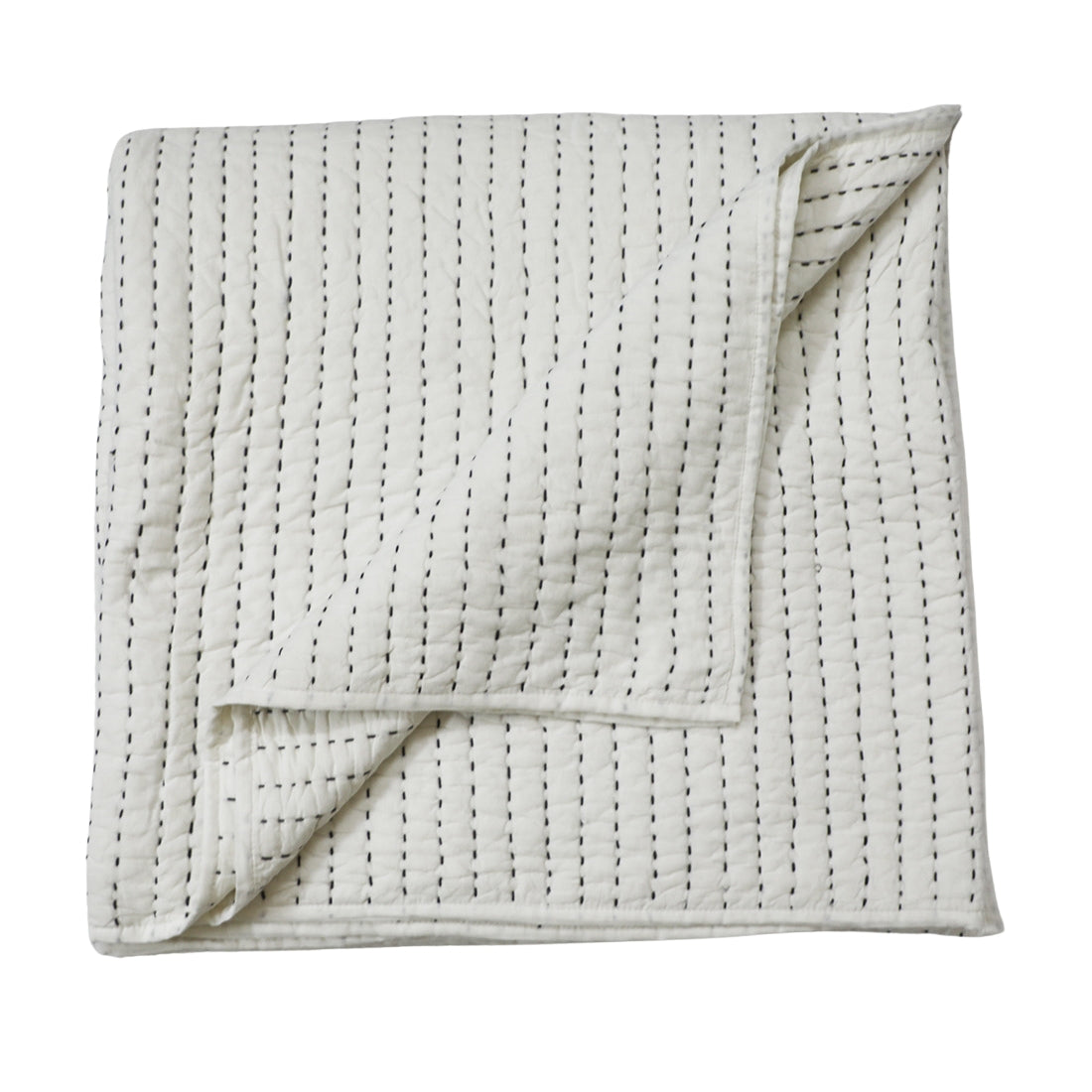 white kantha quilt with grey stitching for everyday bedding
