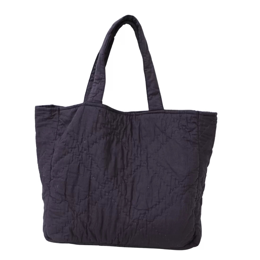 Hand quilted Kantha cotton handbag in purple. 16x14x5 inches, 21-inch straps, zipped interior pocket. Made by women artisans in India.