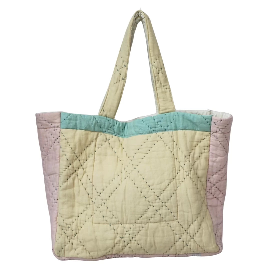 Hand quilted Kantha cotton bag in beige and pink. 16x14x6 inches, zipped interior pocket. Made by women artisans in India. Sustainable everyday shoulder bag.