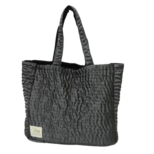 Kantha Quilted Shoulder Bag | Charcoal Silk Satin | House of Swadeshi