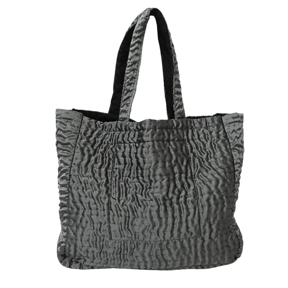 Hand quilted Kantha silk satin shoulder bag in charcoal. 16x14x5 inches, zipped interior pocket. Made by women artisans in India. Elegant everyday bag.
