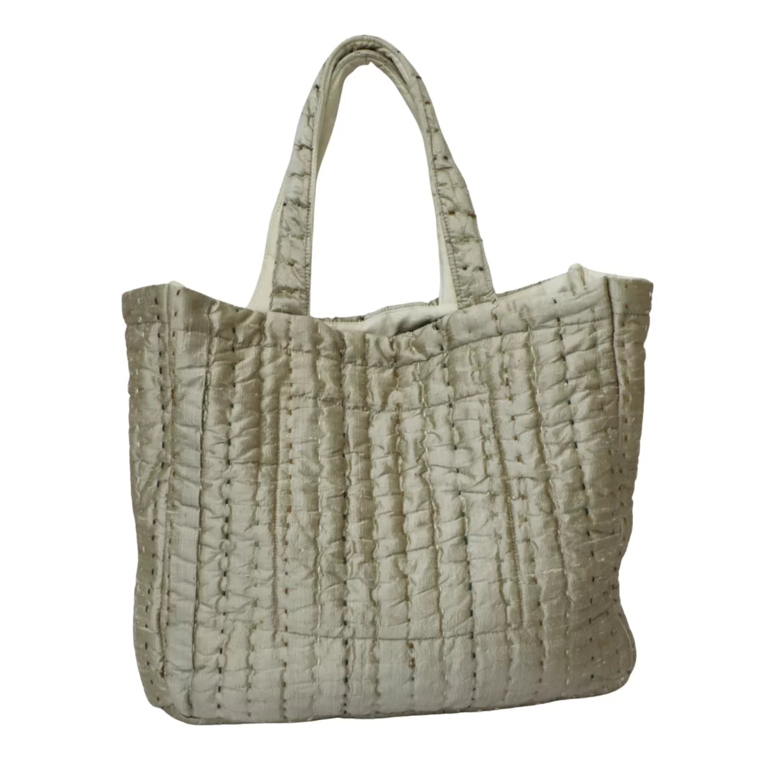 Hand quilted Kantha shoulder bag in 2-tone sage green silk with multicolour Kantha work. 16x14x5 inches, zipped pocket. Made by women artisans in India.