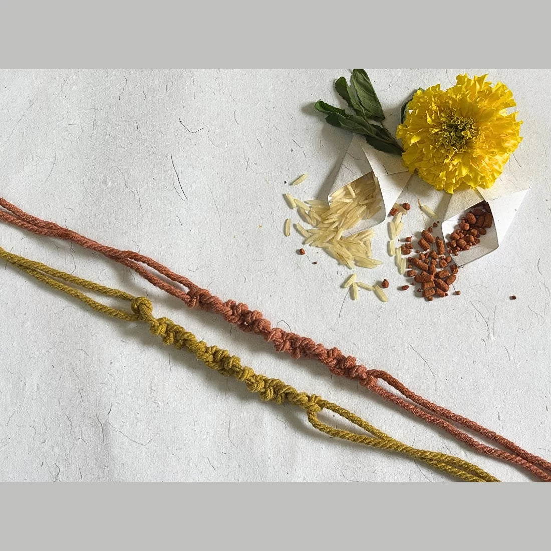 Organic rakhi set of 2 natural dyed cotton threads brick red yellow eco friendly handmade