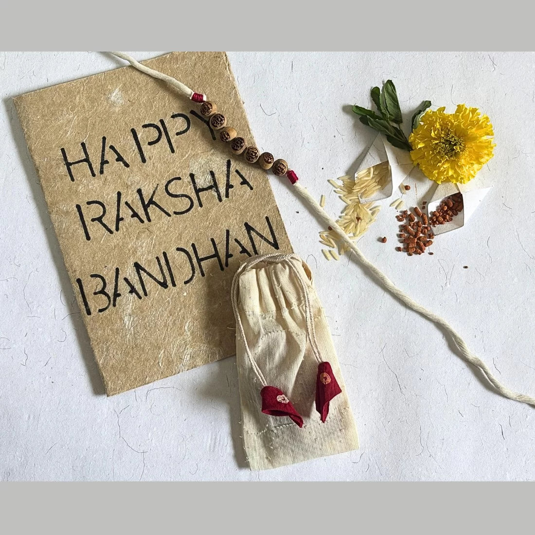 Tulsi Bead Rakhi | Ram Carved | Natural Dyed Cotton | House of Swadeshi