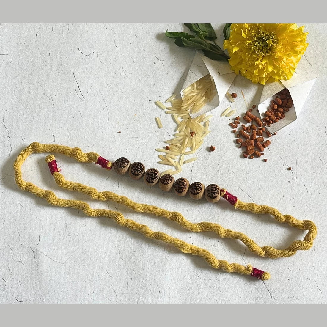 Tulsi Bead Rakhi - Ram Carved | Natural Dyed Organic Cotton | Eco-Friendly