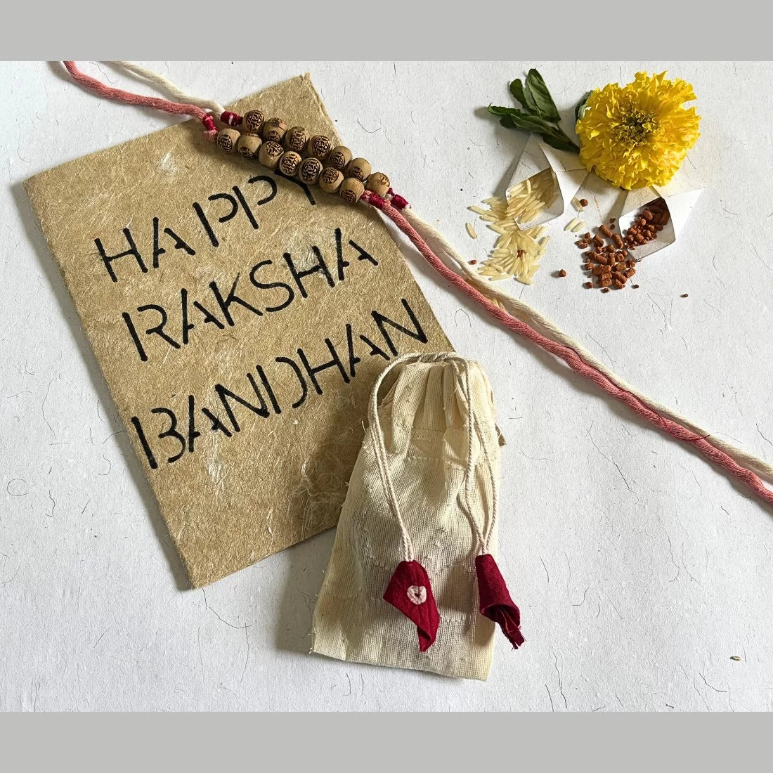 Radha Carved Tulsi Bead Rakhi | Natural Dyed Cotton | House of Swadeshi