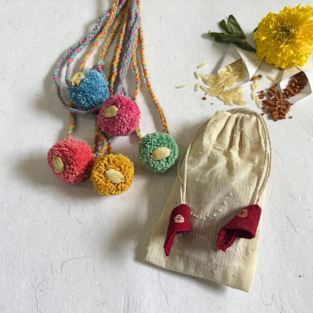 Pom pom seed rakhi recycled yarn handmade women artisans eco friendly set of 3
