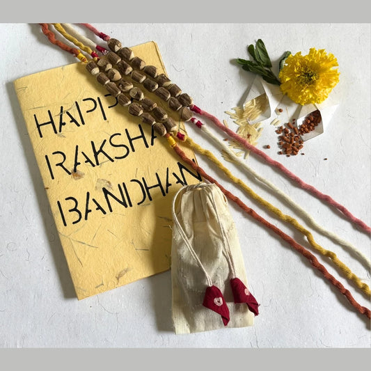 Tulsi bead rakhi dusty rose pink natural dyed organic cotton eco friendly handmade rakshabandhan