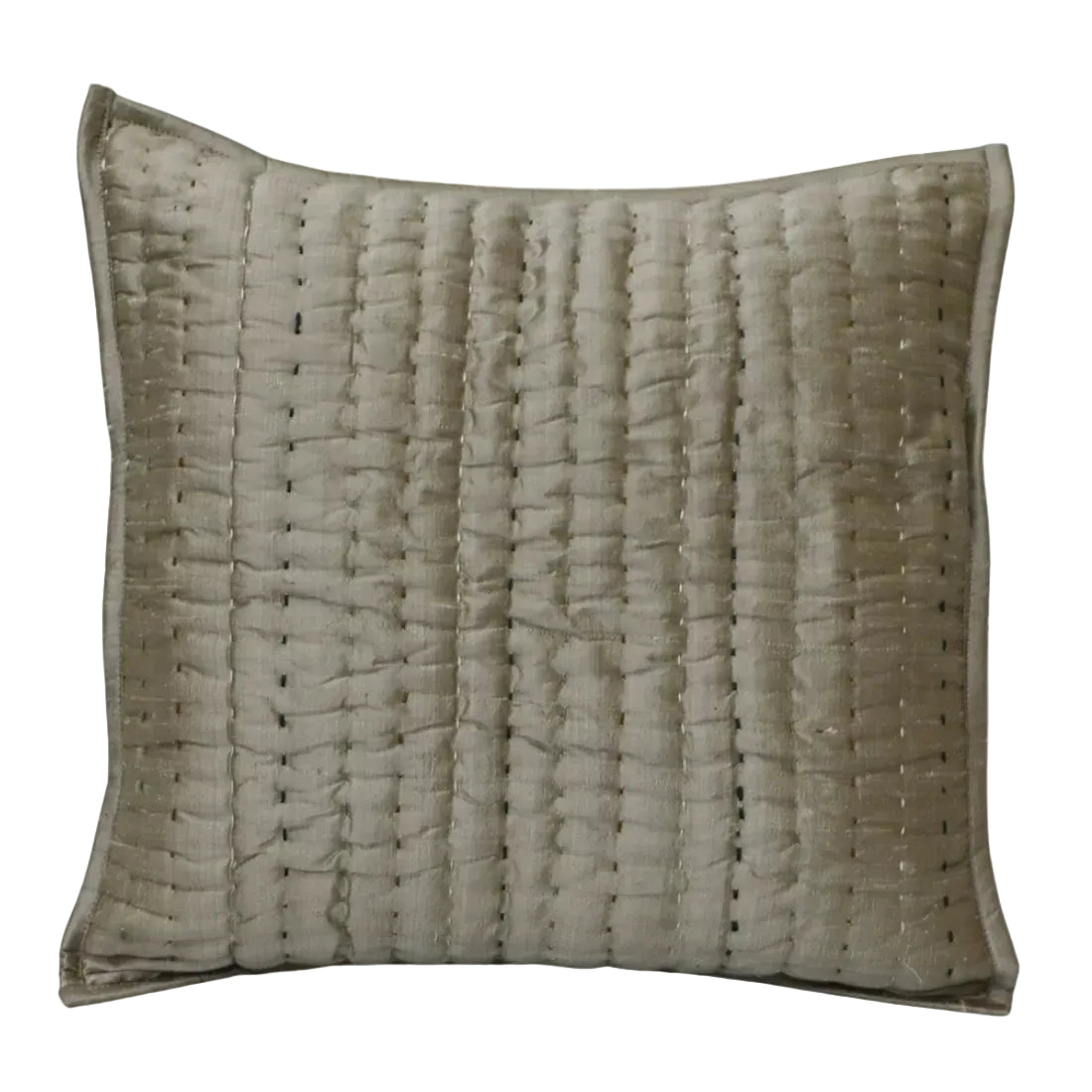 Dual tone pale and silver silk cushion cover with multicolour Kantha embroidery on front. Off-white cotton silk back. 16x16 inches. Dry clean only.