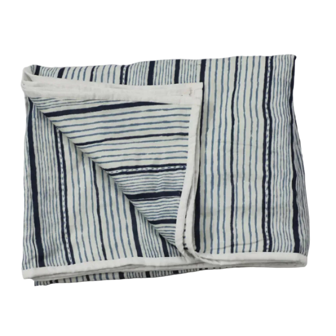 Blue Striped Linen Throw — Three-Layer Kantha Embroidery, Handcrafted
