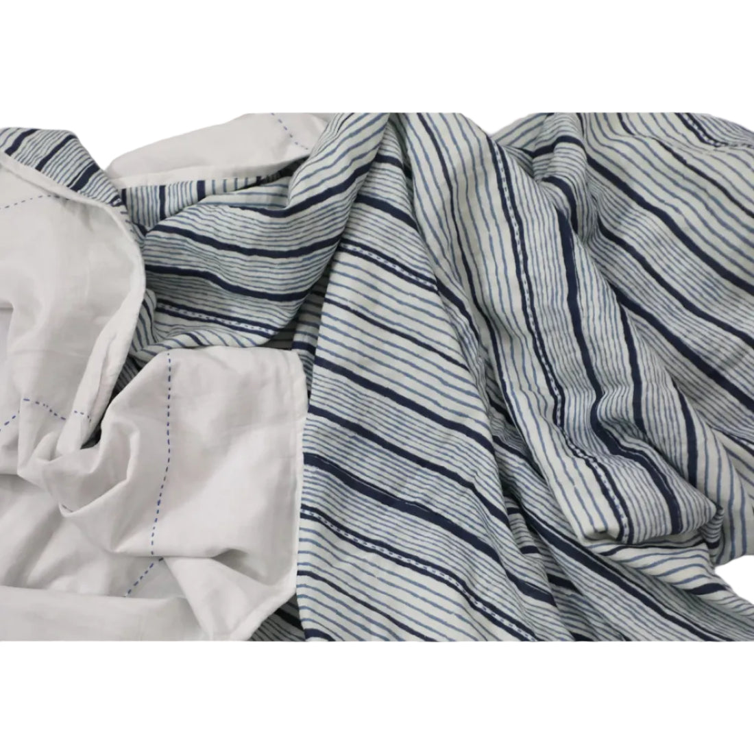 Blue Striped Linen Throw — Three-Layer Kantha Embroidery, Handcrafted