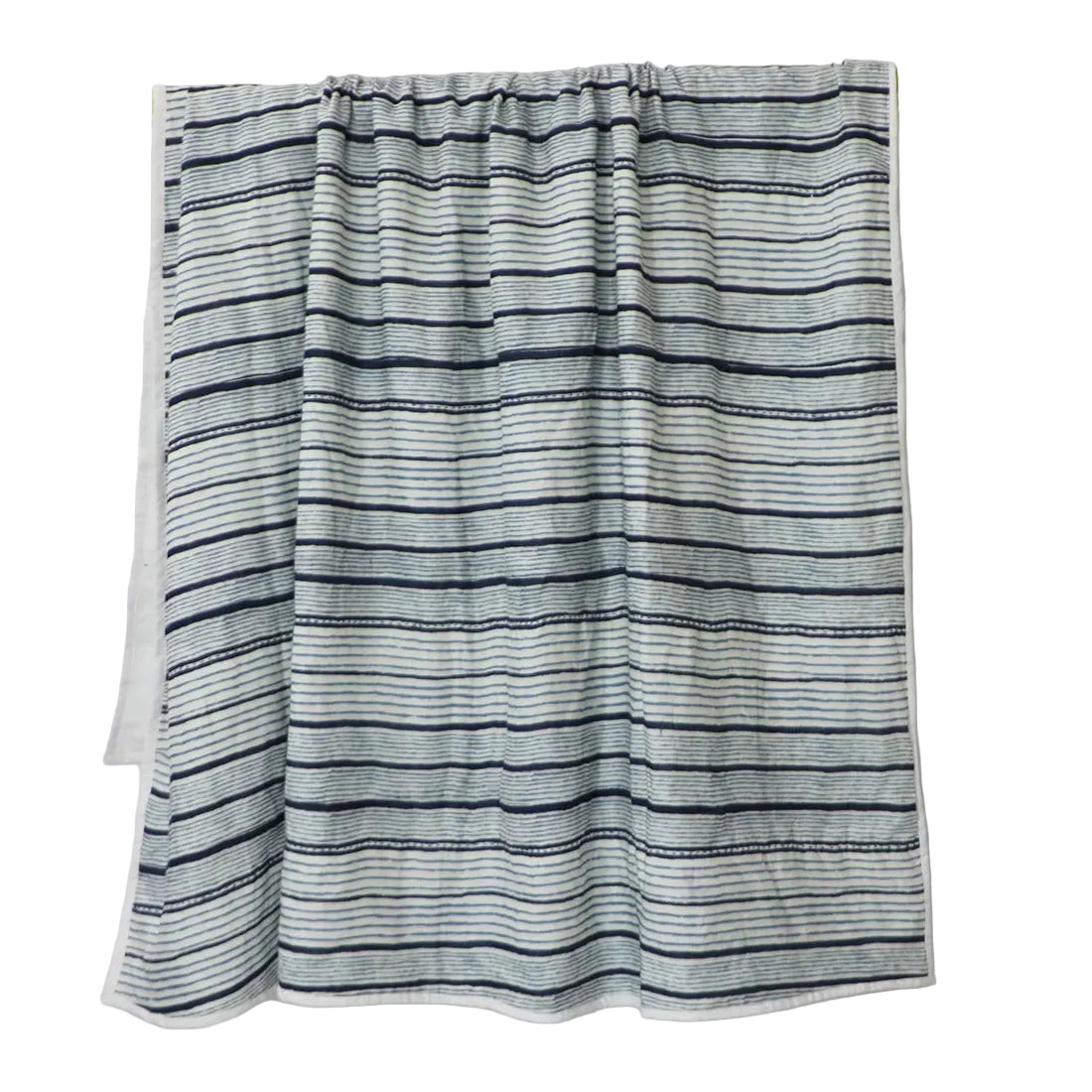 Calm, beautiful, and crafted with extraordinary care, this Blue Striped Linen Throw brings a sense of serene elegance to any space. Constructed with three layers of carefully chosen fabric and bound together with traditional Kantha embroidery by skilled women artisans, it is as much a work of art as it is a cosy everyday essential. Top Layer: Soft linen in soothing shades of blue stripe Middle and Bottom Layers: Breathable cotton for warmth and texture Embroidery: Traditional Kantha stitch by skilled women 