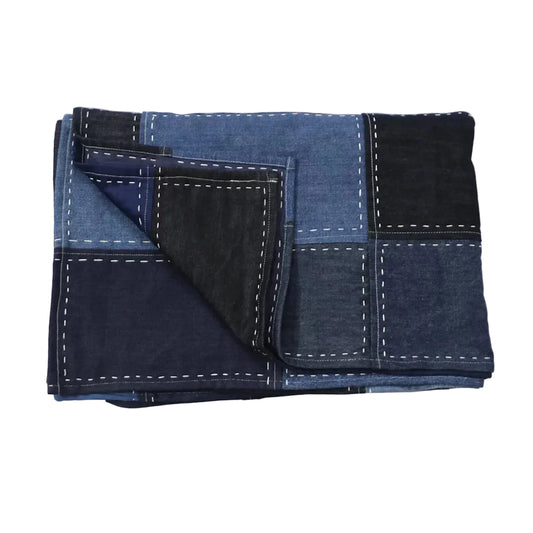 Denim Patchwork Throw — Handcrafted Kantha Embroidery, Sustainable Upcycled Denim