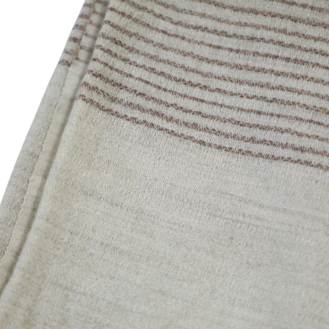 60+ year old vintage natural wool shawl handwoven in India. Classic stripe design in natural and brown tones, 38x74 inches. Rare heritage piece.