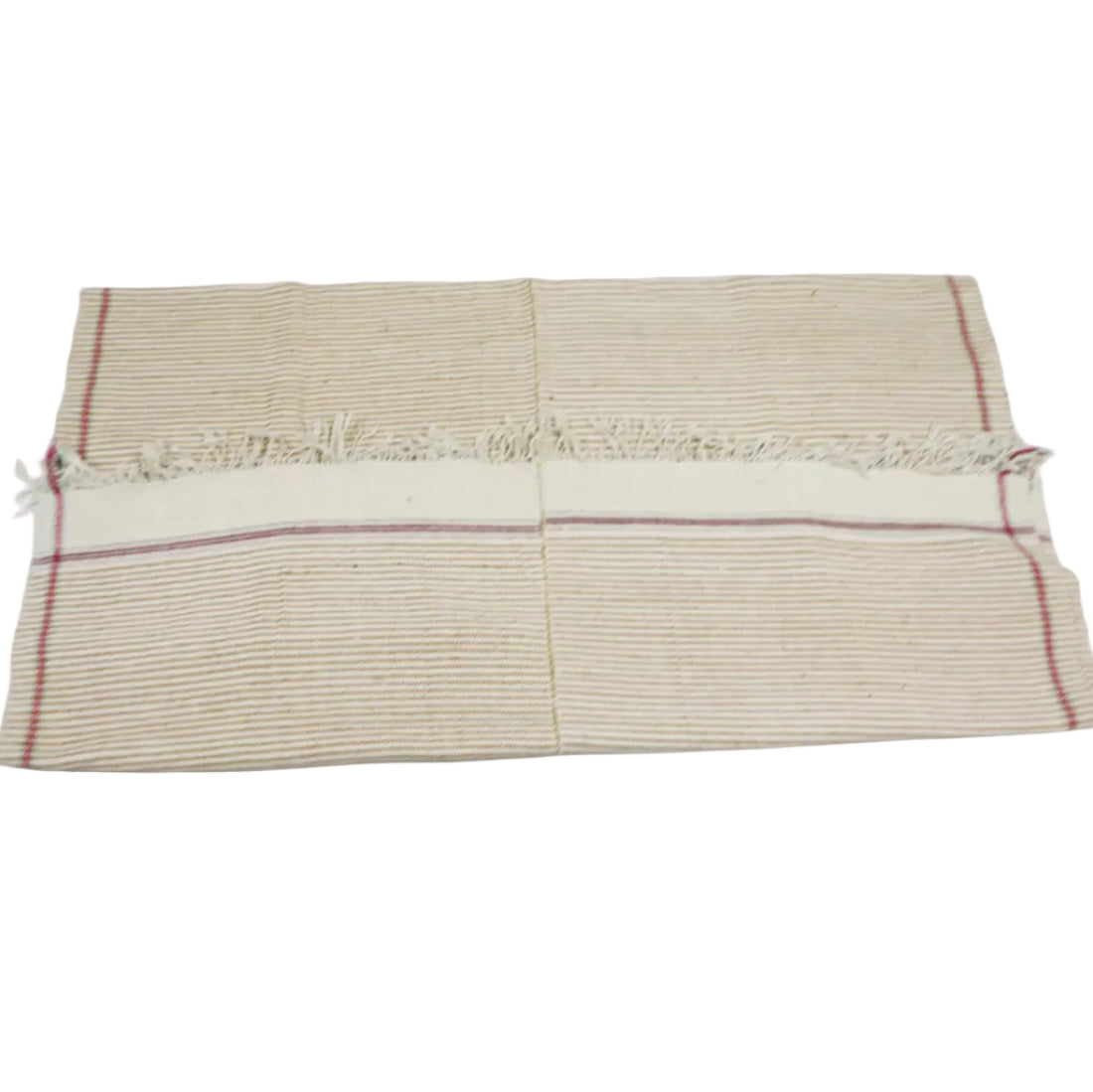 Early 20th-century Indian handloom stripe cotton throw. Rare double panel hand-joined construction, 50x85 inches. Brown and natural white.