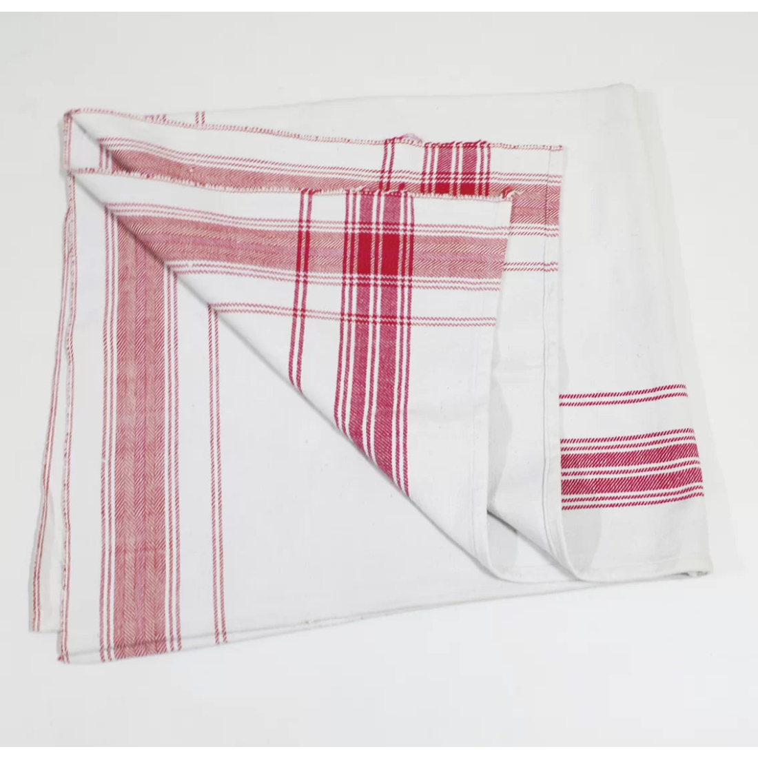 Early 20th-century handloom Indian Khes in white cotton with woven red border. 46x82 inches. A rare and elegant heritage textile.